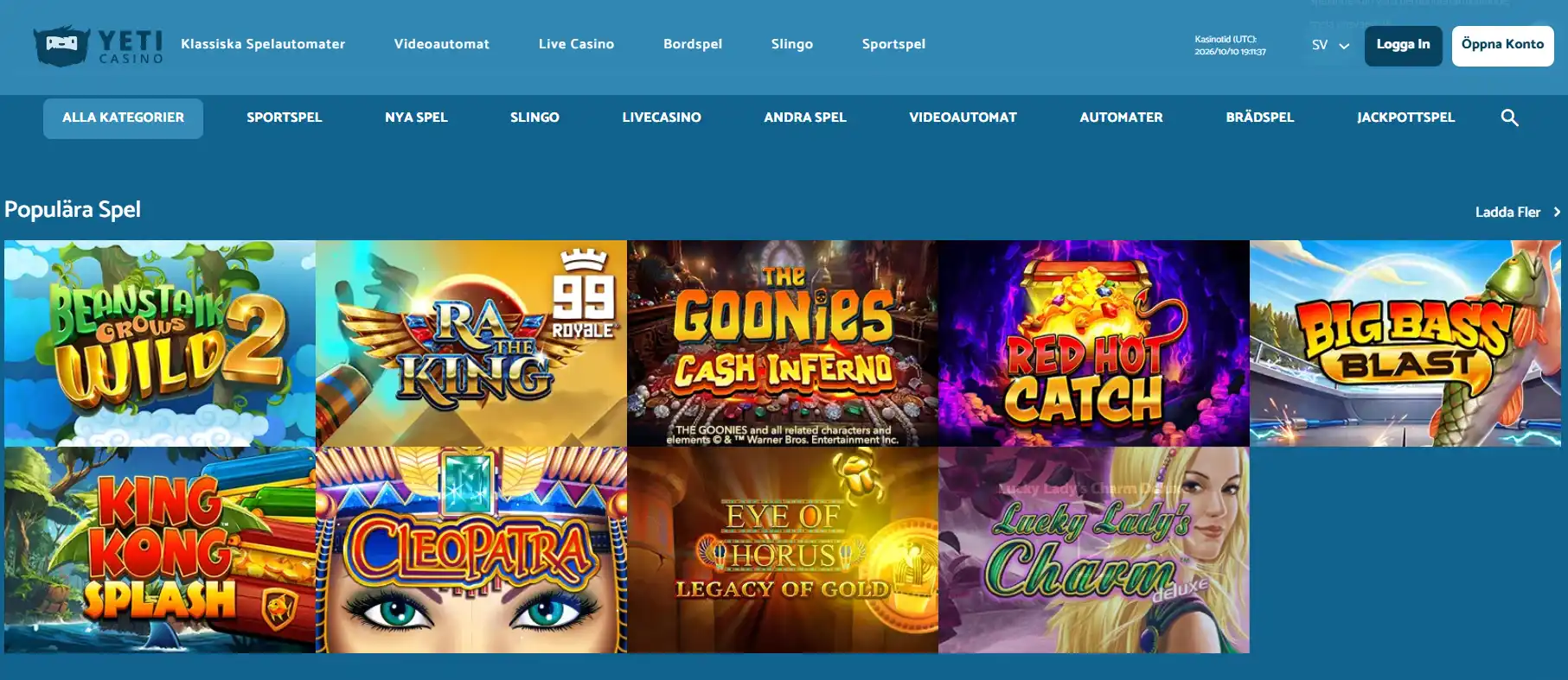Yeti Casinos svenska startsida med sidnavigation och spelkategorier