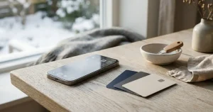 Telefon och betalkort på ett ljust träbord