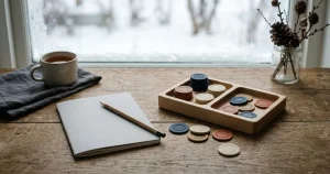 Spelmarker och anteckningsblock på ett ljust träbord