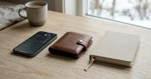 En mobiltelefon intill en anteckningsbok och en stängd plånbok på ett svenskt träbord