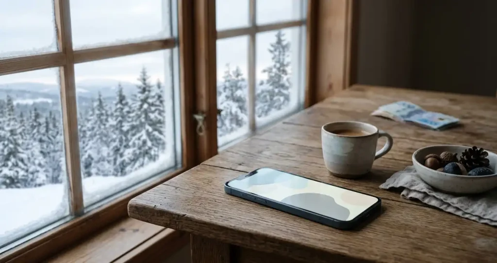 En smarttelefon på ett ljust bord vid ett fönster med vinterlandskap utanför